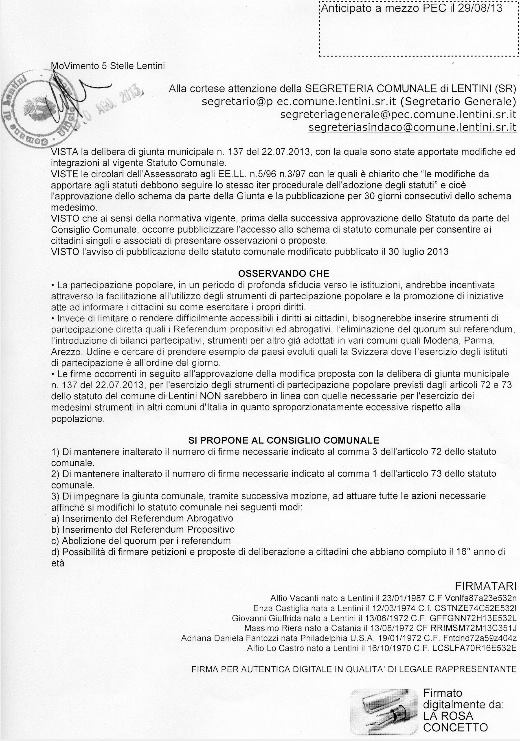 richiesta al Comune di Lentini